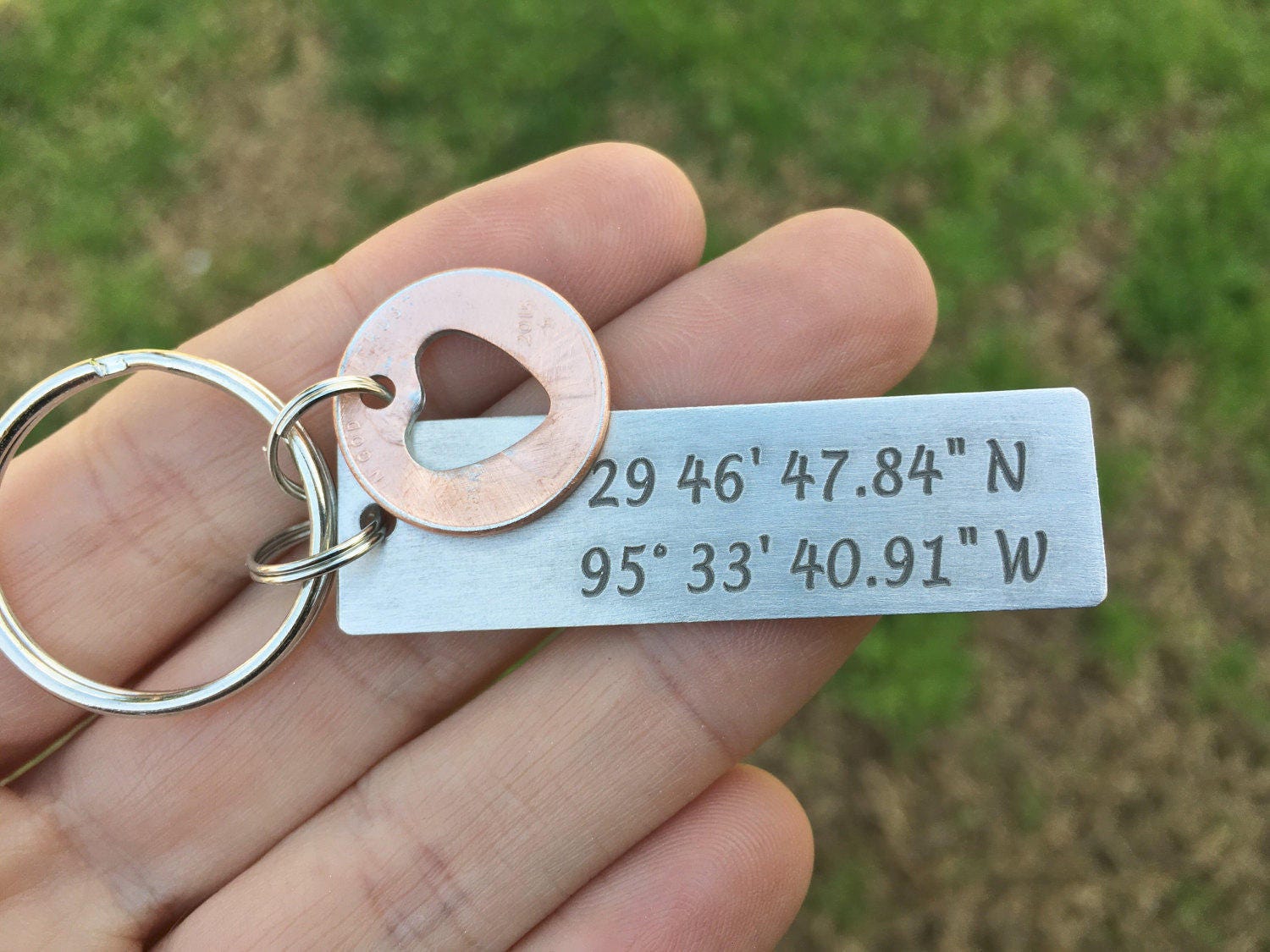 Coordinates Keychain, Lucky Penny Heart Cut Out Personalized Keychain, GPS Longitude Latitude, Custom Coordinates Keychain, Grad Gift