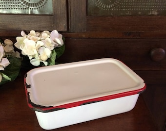 Enamel refrigerator dish pan with lid red and white