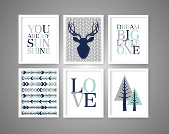 Mint Navy Grey Baby Boy PRINTABLE Deer Woodland Nursery wall art, Tree, You are my sunshine, Love, Dream big, Set of 6 8x10 ( 006SBA810)
