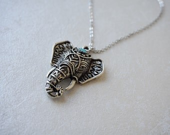 Elephant Necklace, Silver Turquoise Jewelry, Ethnic, Indian, Tribal, Animal, Adventure, Good Luck, Stability, Power, Strength, Wisdom, Gift