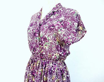 1980s vintage collar short sleeves midi dress/ chiffon dress/ summer dress/ day dress size medium