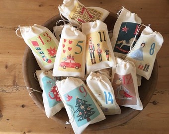 Festive Advent Calendar Christmas Bags - Colorful Holiday Bag Set - Countdown to Christmas - 25 Vintage 4x6 3x5