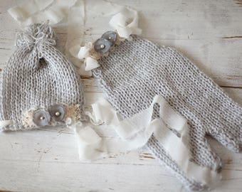 Newborn set, Knit Newborn Romper, Knit hat, Newborn tie back Newborn Girl Prop, Newborn Photography Prop
