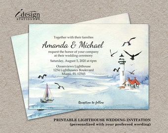 Lighthouse Wedding Invitation | Nautical Wedding Invitations | Diy Printable Watercolor Beach, Coastal, Seaside, Ocean Themed Wedding Invite