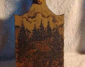 Cottage wood burning into cutting board, wood burning art, cottage , rustic
