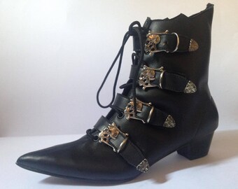 Goth Pikes Cuban Heel SKULL BUCKLES Winklepickers boots Gothic Batcave WGT Siouxsie 80s Leather, Vegan unisex