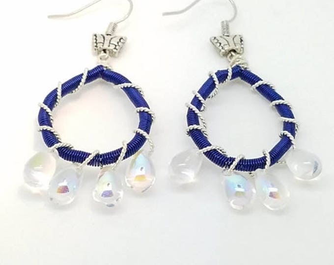 Dark Indigo Earrings Dark blue crystal Earrings -Blue Dangle Earrings Blue wire coil earrings wire wrapping blue earrings