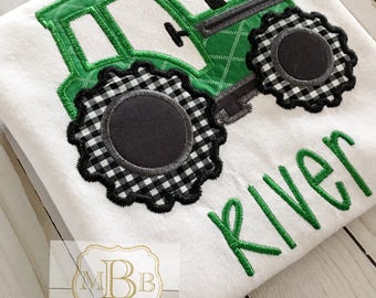 Gray Gingham Green Tractor Applique Shortall main image 0