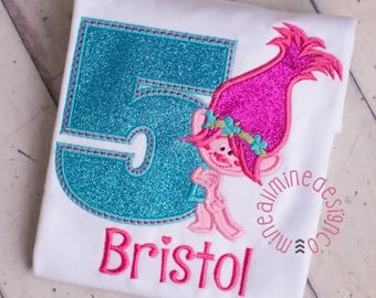 Girls or Boys Trolls Inspired Personalized Birthday Tee Shirt - Poppy Troll Shirt - Applique Embroidered Troll Shirt - Troll Hair Shirt