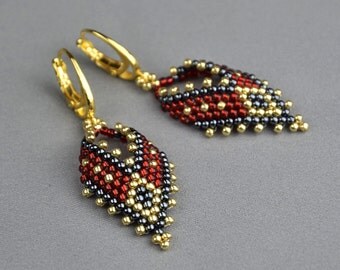 Red bohemian earrings beadwork earrings gypsy earrings birthday gift for mother original gift for sister statement earrings peyote earrings