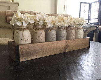 Mason jar centerpiece, mason jar planter box, farmhouse decor, rustic decor, mason jar decor, barn wood decor