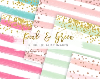 watercolor digital paper pink and green, paper mix watercolor digital paper, Dreamy rose gold digital paper Watercolor, stripe digital paper