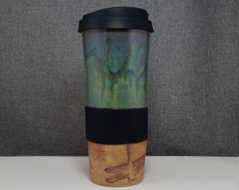 Made to Order(up to 3 weeks)* Clay Travel mug / Commuter mug with silicone lid -DragonFlies - Olive Blue