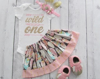 Wild One Birthday Outfit - feather headband, girl first birthday outfit, pink gold, arrow, baby moccasins, tribal