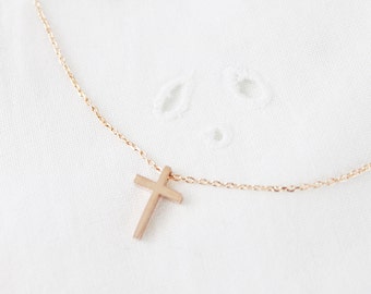 Tiny Rose Gold Cross Necklace Dainty Cross Necklace Bridesmaid Gift Birthday Gift