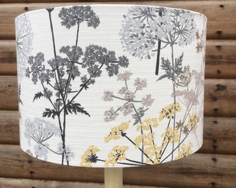 Hedgerow Flora In Greys and Yellow Fabric Covered Lampshade sizes up to 40cm