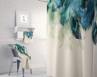 Shower Curtain Peacock Feather floral Optional Bath Mat Set Bath Towels