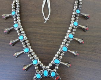Vintage Native American Squash Blossom Necklace Signed, Sterling Silver With Sleeping Beauty Turquoise and Coral