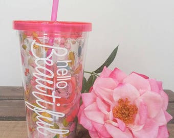 Floral tumbler. Customize with your own saying, name, etc. Wedding party gift.
