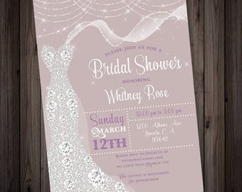 White Diamond Dress Bridal Shower Invitation, white and purple diamond fairy lights shower digital printable invitation, glitter wedding