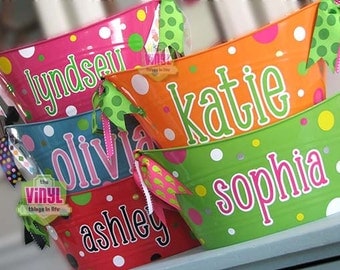 Personalized tub, Easter basket or monogrammed bucket, perfect girls gift with ribbon and great for storage, custom made with polka dots