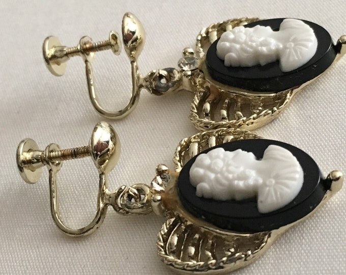 Storewide 25% Off SALE Vintage Gold Tone Black & White Designer Cameo French Post Earrings Featuring Filigree Style Finish