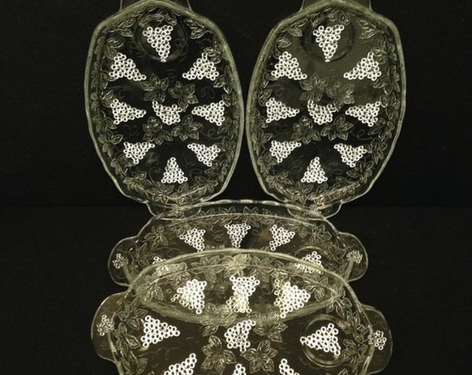 Storewide 25% Off SALE Vintage Set Of Four Crystal Cut Grape Patterned Glass Salad Plates Featuring Segmented Salad Dressing Holder With Rai