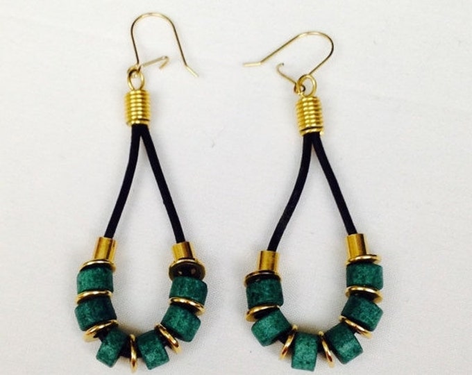 Storewide 25% Off SALE Vintage Gold Tone Green Turquoise Style Designer Beaded Hoop Earrings Featuring Black Rope Style Design