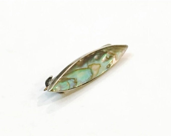 Storewide 25% Off SALE Vintage Sterling Silver Abalone Inlaid Designer Elongated Brooch Pin Featuring Elegant Finishing
