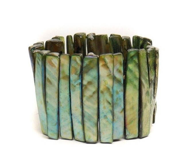 Storewide 25% Off SALE Vintage Expandable Iridescent Abalone Shell Cuff Style Bracelet Featuring Picket Fence Style Segmented Design