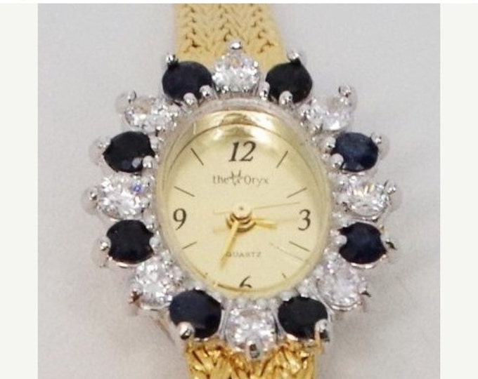 Storewide 25% Off SALE Vintage 24k Gold Plated Oryx Designer Signed Sapphire Quartz Wristwatch Featuring Lovely Gemstone Starburst Bezel
