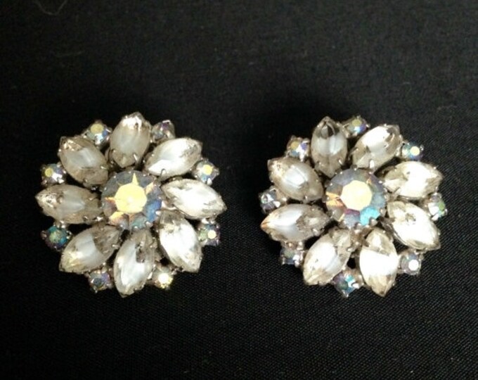 Storewide 25% Off SALE Beautiful Vintage Sky Blue Weiss Signed Floral Clip Earrings Featuring Iridescent & Opalescent Rhinestone Accents