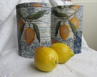 Tins - Decoupage - Lemons - Yellow and Blue - Set of 2