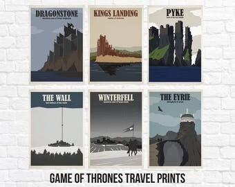 Game of Thrones Travel Poster Sets - Kings Landing - Winterfell - The Wall - The Eyrie - Dragonstone - Pyke (Available In Many Sizes)