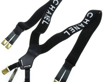 Authentic Chanel black x white CC Logo Suspenders / Braces, Genuine, Celebrity picked, Very beautiful condition vintage, Japanese market