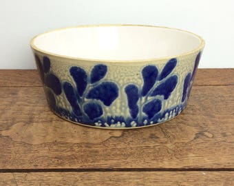 Vintage blue stoneware serving dish or salad bowl.