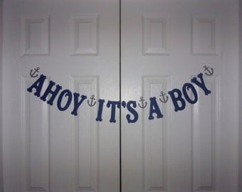 AHOY IT'S A BOY Letter Banner - Navy Blue & Medium Grey Cardstock Paper - Anchor Garand Sign Hanging Mantel Nautical Baby Shower Decoration