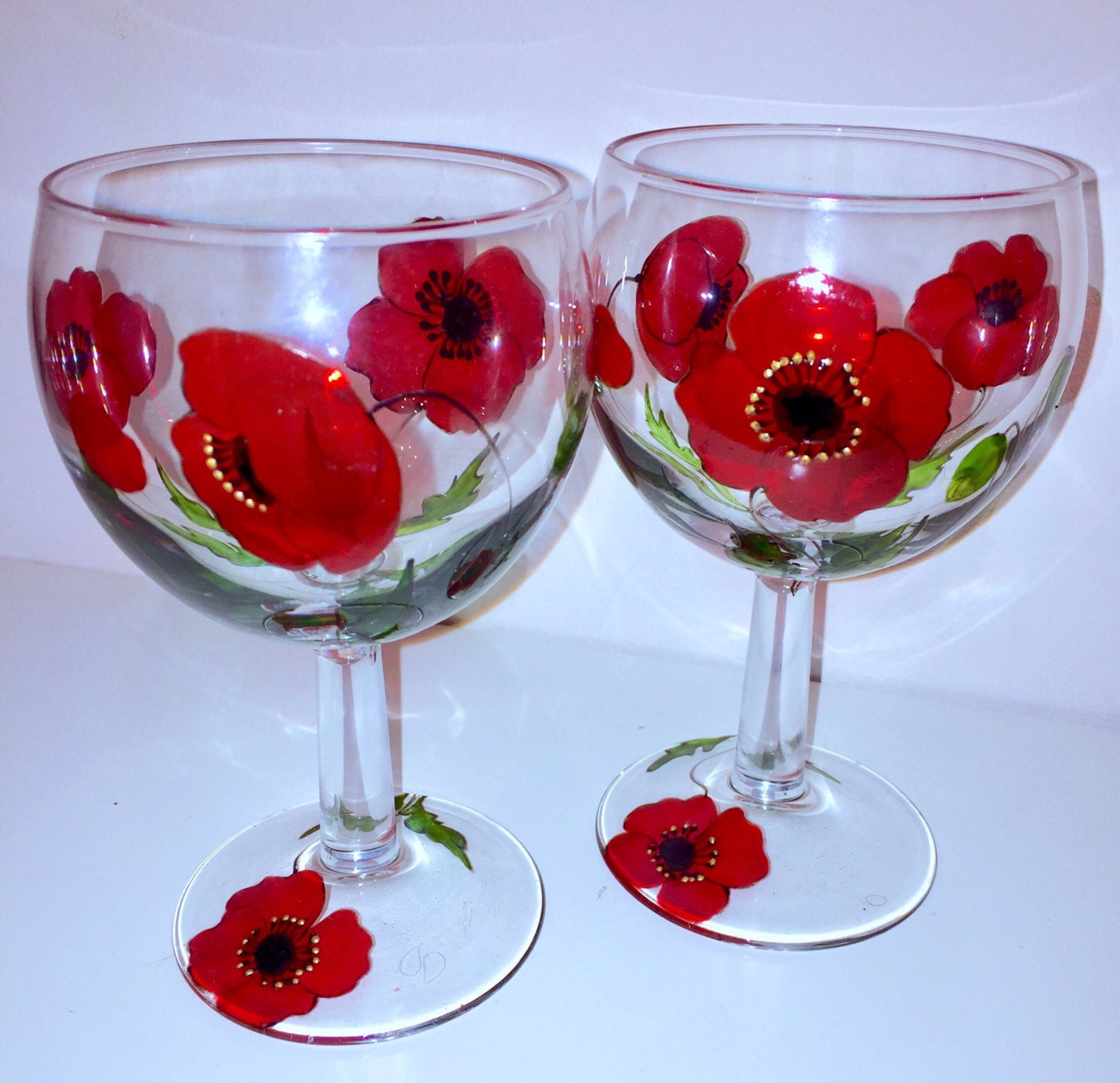 Poppy wine glasses hand painted glass set of 2 pair