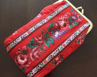 Vintage Red Fabric Cigarette Case with Gold Tone Kiss Lock