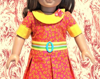 For 18" American Girl Doll Clothes - Orange Retro Style Pleats Dress