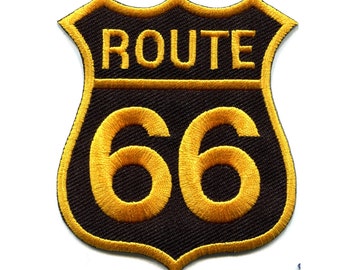Route 66 Patch California Patch Road Sign Iron On Embroidered Applique, Sew on patch Biker Applique - Gold on black