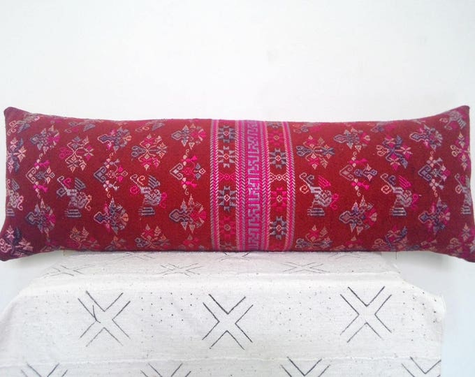 20% OFF SALE 12"x 36" Vintage Chinese Maonan Wedding Blanket Long Lumbar Pillow Cover/Ethnic Dowry Textile/Handwoven Cotton Silk Cushion