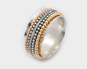 CZ Fidget Ring, Spinner fidget, Fidget Spinner, Tri color ring, Multi color spinner ring, Silver and gold Spinner Ring, Meditation Ring,