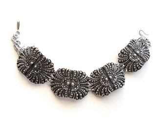 Vintage Eloxal Aluminum Bracelet Faux Marcasite West Germany Panel Link Bracelet Lightweight Silver Tone Ever Nu