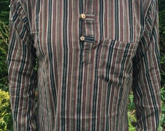 Long Sleeved Stripped Collarless Grandad Kurta Shirts 100% Cotton - M L XL XXL Blue White Brown