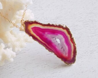 Pink Agate Necklace, Geode Necklace, Agate Slice Necklace, Statement Necklace, Druzy Necklace, Large Stone Necklace, Boho Necklace, 6-379