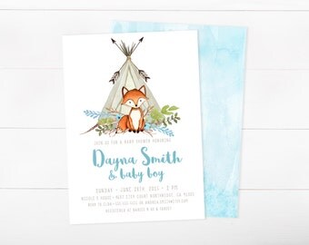 Boy Baby Shower Invitation, Woodland, Fox, Teepee, Arrow, Watercolor Invitation (722)