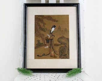 60s art work silk painting with picture frame Niagara Art and More Düsseldorf 1966 Japanese art work woman with kimono silk