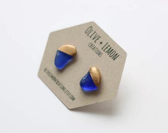 Blue Sea Glass Earrings - Gold Capped Earrings - Small Sea Glass Earrings - Dainty Earrings - Paint Dipped - Sterling Silver Stud Earring
