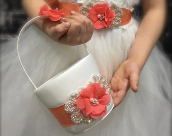 flower girl basket, coral flower girl basket, flower girl sash, wedding decoration, coral sash, coral wedding, flower girl belt
